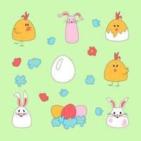 impostato di Pasqua personaggi. carino Pasqua coniglietto con pollo e uovo per stampa su bambini prodotti, adesivi e libri. vettore illustrazione.