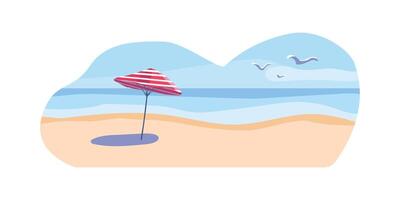 estate sfondo. riva del mare con un' a strisce rosso ombrello e ombra su il sabbia. gabbiani nel il blu cielo con nuvole. sfondo. modello per manifesto, ragnatela pagina, testo o striscione. vettore