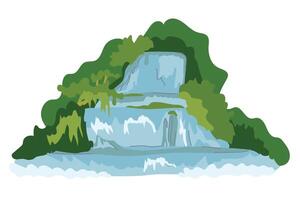 cascata vettore piatto illustrazione. acqua fluente su montagna rocce, bellissimo fiume cascata isolato su bianca. tropicale natura, paesaggio con verde erba