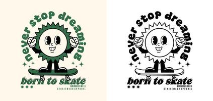 retrò cartone animato personaggio sole giocando skateboard, mano disegnato vettore illustrazione per t camicia disegno, abbigliamento di strada, schermo stampa