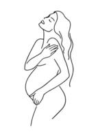 profilo di un' incinta donna e il cuore di un' bambino, disegno con uno continuo linea. estetico vettore illustrazione.
