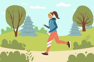 ragazza che corre nell'illustrazione del parco stile di vita sano. donna felice. personaggi sportivi per l'allenamento, l'esercizio cardio, la maratona, la corsa in città, l'estate all'aperto. piatto del fumetto di vettore. vettore