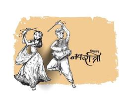 celebri il festival di navratri con il vettore di disegno della donna degli uomini di garba di ballo, illustrazione disegnata a mano di vettore.