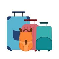 set di valigie da viaggio, valigie su ruote e uno zaino. concetto di viaggio e turismo vettore