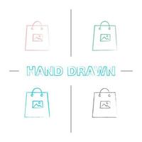 stampa su borse della spesa set di icone disegnate a mano. pennellata di colore. illustrazioni abbozzate vettoriali isolate
