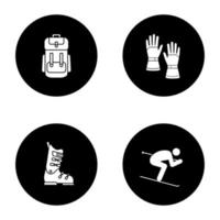 set di icone del glifo di attività invernali. zaino, guanti e scarponi da sci, sciatore. illustrazioni vettoriali di sagome bianche in cerchi neri