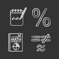 set di icone di gesso di matematica. bozza, percentuale, libro di testo, simboli matematici. illustrazioni di lavagna vettoriali isolate