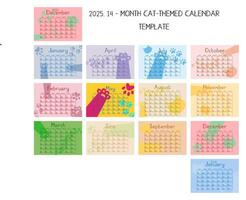 2025, 14 mese a tema felino calendario con posato su mesi a partire dal dicembre 2024 per gennaio 2026. modificabile vettore