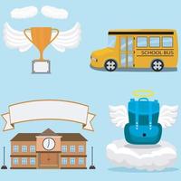 trofeo, borsa, autobus, scuola e sfondo di colore blu. vettore