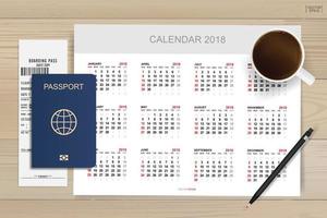 calendario astratto sfondo con passaporto e tazza di caffè su legno. sfondo per il turismo e l'idea di viaggio. vettore. vettore