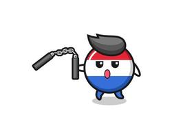 cartone animato della bandiera dei Paesi Bassi con nunchaku vettore