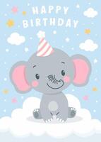 compleanno invito carta design con carino elefante e nuvole. vettore illustrazione di modello su colorato sfondo. invito per bambini. pronto per uso e modificabile modello.