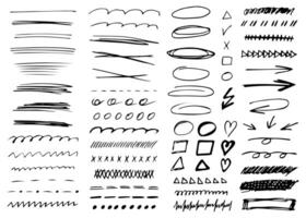 un' impostato di disegnato a mano vettore spazzole di diverso forme e tipi. scarabocchio Linee e scarabocchi. marcatore colpi, scioperi e vortici. collezione di colpi per enfasi, testo mettendo in evidenza, album per schizzi