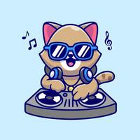 carino gatto giocando dj musica con cuffie cartone animato vettore icona illustrazione. animale musica icona concetto isolato premio vettore. piatto cartone animato stile