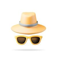 3d giallo occhiali da sole e cannuccia cappello icona isolato su bianca. rendere sole bicchieri e berretto simbolo. concetto di estate vacanza o vacanza, tempo per viaggio. spiaggia rilassamento. realistico vettore illustrazione