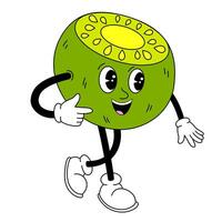 Groovy Kiwi frutta. mano disegnare divertente retrò Vintage ▾ di moda stile frutta cartone animato carattere. scarabocchio comico vettore illustrazione