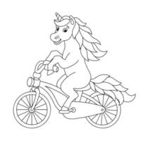 unicorno allegro va in bicicletta. pagina del libro da colorare per bambini. personaggio in stile cartone animato. illustrazione vettoriale isolato su sfondo bianco.