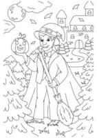 conta dracula con scopa e zucca per halloween. pagina del libro da colorare per bambini. personaggio in stile cartone animato. illustrazione vettoriale isolato su sfondo bianco.