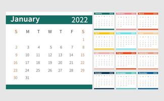 modello di calendario 2022. Set di modelli di pianificatore del calendario 2022. la settimana inizia di domenica. illustrazione vettoriale. vettore
