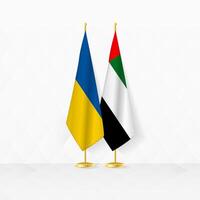 Ucraina e unito arabo Emirates bandiere su bandiera In piedi, illustrazione per diplomazia e altro incontro fra Ucraina e unito arabo emirati. vettore