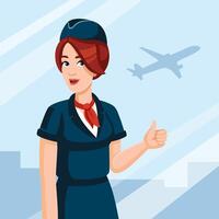 giovane hostess mostrando pollici su a il aeroporto prima volo. in viaggio concetto, piatto disegno, cartone animato stile. vettore illustrazione. aria hostess nel linea aerea uniforme.