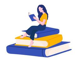un' donna legge un' libro mentre seduta su un' mucchio di enorme libri. moderno vettore piatto illustrazione.