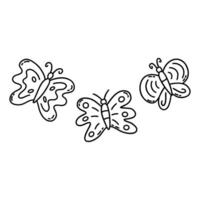 tre farfalle. vettore mano disegnato scarabocchio semplice