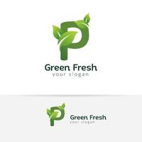 modello di progettazione logo eco verde lettera p. disegni vettoriali alfabeto verde con illustrazione foglia verde e fresca.