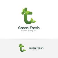 modello di progettazione logo eco verde lettera t. disegni vettoriali alfabeto verde con illustrazione foglia verde e fresca.