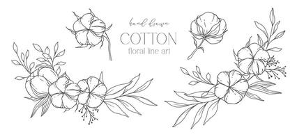 mano disegnato cotone fiori linea arte illustrazione. cotone palle isolato su bianca. floreale linea arte. cotone pianta nero e bianca illustrazione. bene linea cotone illustrazione. vettore