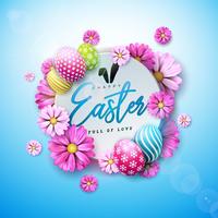 Progettazione felice di festa di Pasqua con l&#39;uovo dipinto e fiore della primavera su fondo blu. vettore