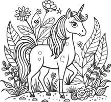 unicorno e fiori. colorazione libro per adulti. vettore illustrazione.