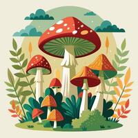 funghi nel il foresta. vettore illustrazione nel piatto stile.