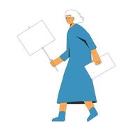 anziano donna a piedi e Tenere vuoto bandiera nel sua mano. vettore