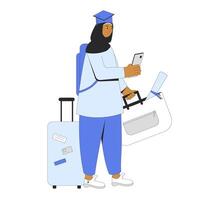 giovane femmina diplomato nel hijab con Telefono viaggio borse. vettore