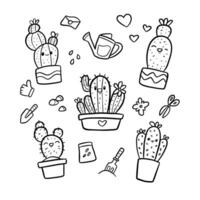 impostato scarabocchio carino cactus cartone animato mano disegnato illustrazione vettore