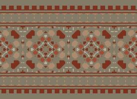 fiore ricamo su Marrone sfondo. ikat e attraversare punto geometrico senza soluzione di continuità modello etnico orientale tradizionale. azteco stile illustrazione design per tappeto, sfondo, vestiario, avvolgere, batik. vettore