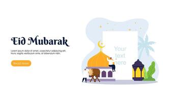 contento eid mubarak o Ramadan saluto con persone personaggio illustrazione. islamico design modello per striscione, atterraggio pagina o manifesto. vettore