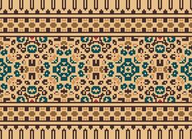 fiore ricamo su Marrone sfondo. ikat e attraversare punto geometrico senza soluzione di continuità modello etnico orientale tradizionale. azteco stile illustrazione design per tappeto, sfondo, vestiario, avvolgere, batik. vettore