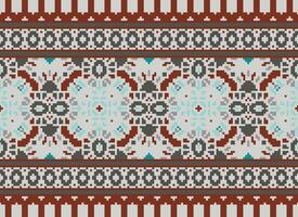 fiore ricamo su Marrone sfondo. ikat e attraversare punto geometrico senza soluzione di continuità modello etnico orientale tradizionale. azteco stile illustrazione design per tappeto, sfondo, vestiario, avvolgere, batik. vettore