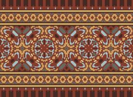 fiore ricamo su Marrone sfondo. ikat e attraversare punto geometrico senza soluzione di continuità modello etnico orientale tradizionale. azteco stile illustrazione design per tappeto, sfondo, vestiario, avvolgere, batik. vettore