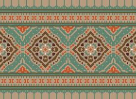 fiore ricamo su Marrone sfondo. ikat e attraversare punto geometrico senza soluzione di continuità modello etnico orientale tradizionale. azteco stile illustrazione design per tappeto, sfondo, vestiario, avvolgere, batik. vettore