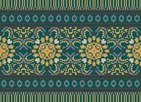 fiore ricamo su Marrone sfondo. ikat e attraversare punto geometrico senza soluzione di continuità modello etnico orientale tradizionale. azteco stile illustrazione design per tappeto, sfondo, vestiario, avvolgere, batik. vettore