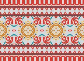 fiore ricamo su Marrone sfondo. ikat e attraversare punto geometrico senza soluzione di continuità modello etnico orientale tradizionale. azteco stile illustrazione design per tappeto, sfondo, vestiario, avvolgere, batik. vettore