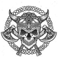 isolato vichingo cranio testa con Due ascia arma, t camicia disegno, tatuaggio design. vettore