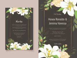bellissimo design di biglietti d'invito per matrimonio con fiori e foglie di giglio vettore