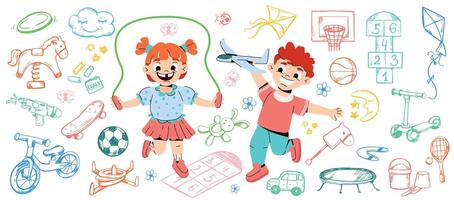 divertente cartone animato bambini giocare a terreno di gioco bambini. contento ragazza e ragazzo nel scuola materna con giocattoli. linea arte icona di bicicletta, pattinare, sfera, scooter, campana e mano disegnato sport elemento impostare. asilo nido scarabocchio vettore