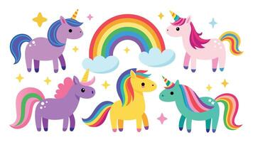 impostato di arcobaleno unicorno minimo isolato piatto vettore professionista collezione illustrazione su bianca sfondo