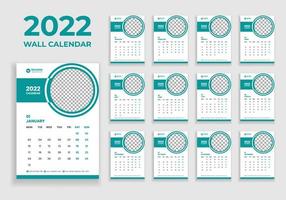 design del calendario da parete 2022. design del calendario da parete 2022. design del calendario del nuovo anno 2022. la settimana inizia il lunedì. modello per il calendario annuale 2022 vettore