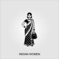 indiano donne saree clipart indiano donna indossare bridal vestito-nero e bianca vettore illustrazione